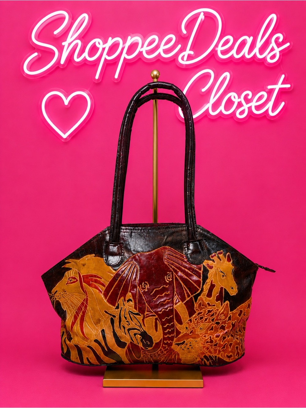 Vintage Hand Tooled Leather Safari Animal Handbag Zebra Giraffe Elephant Tiger